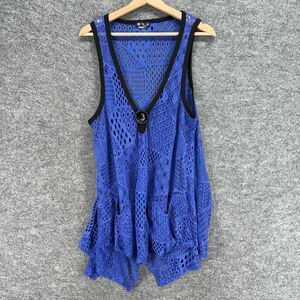 Lily Tunic Top Women XL Blue Geometric Crochet V-Neck Sleeveless Wide Strap